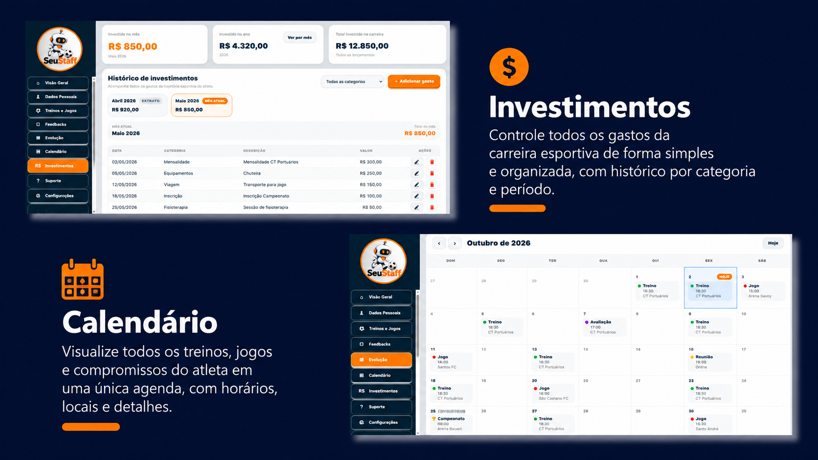 Recursos do SeuStaff: Investimentos e Calendário