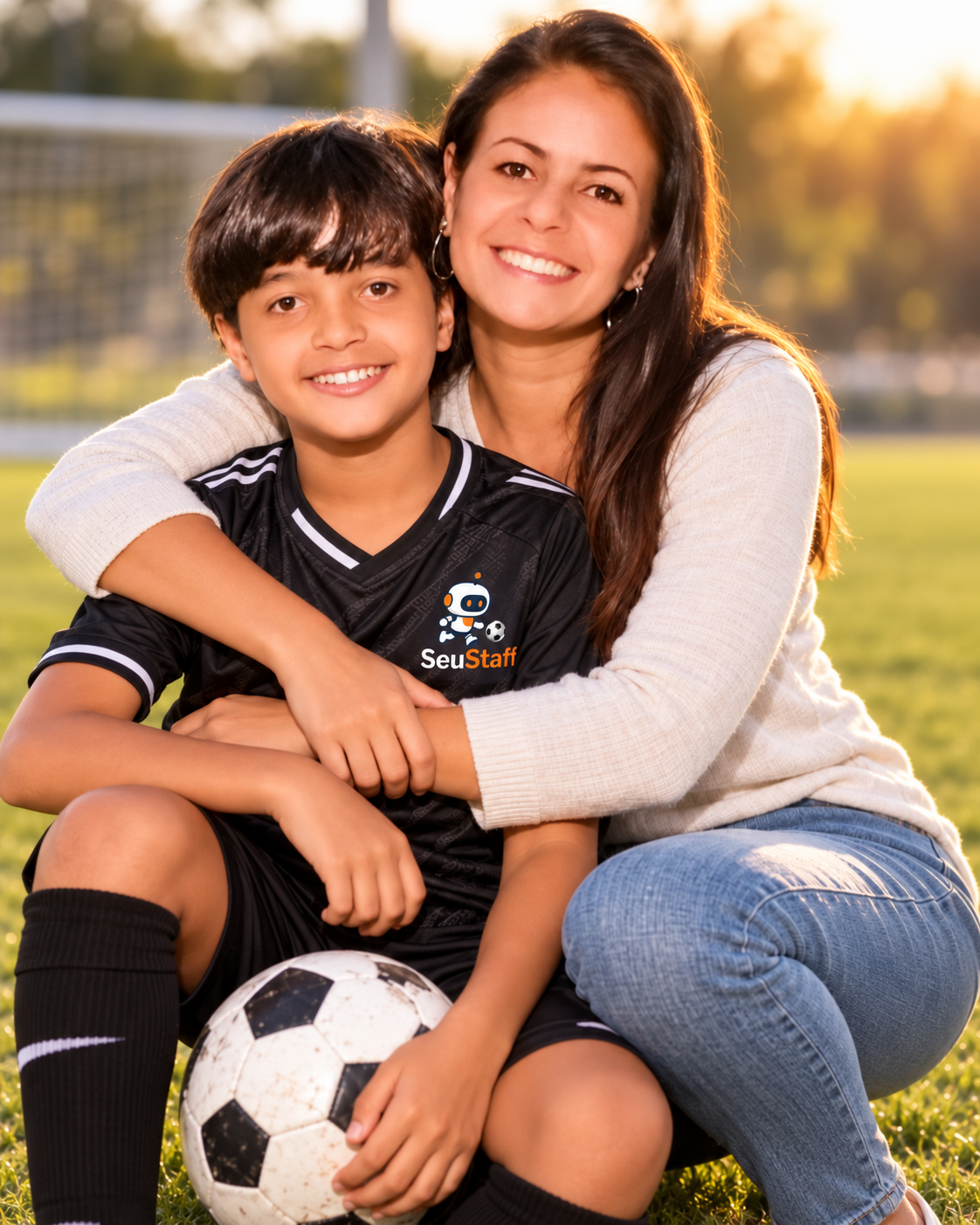 Mãe feliz jogando futebol com o filho